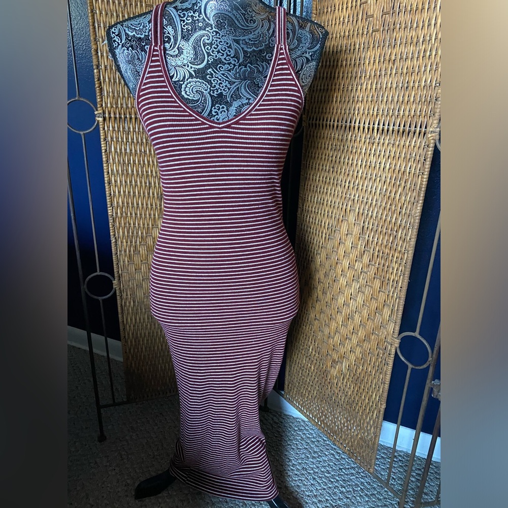 FOREVER 21 STRIPED RIBBED CRISS CROSS STRAPS MAXI DRESS S